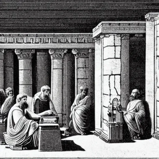 Prompt: ancient greeks building a computer