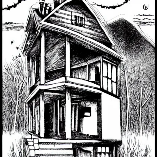 Image similar to a haunted house, by junji ito