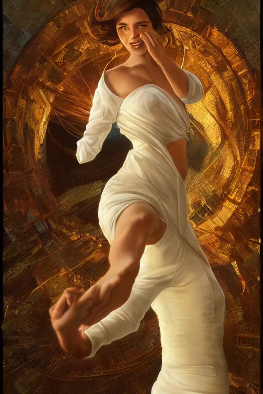 Prompt: portrait painting of woman in business suit dancing, ultra realistic, concept art, full body, intricate details, highly detailed, photorealistic, octane render, 8 k, unreal engine. art by artgerm and greg rutkowski and charlie bowater and magali villeneuve and alphonse mucha