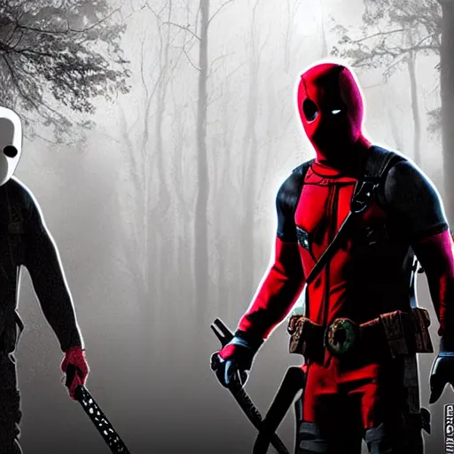 Image similar to jason voorhees fighting with deadpool in the woods digital art 4 k detailed super realistic