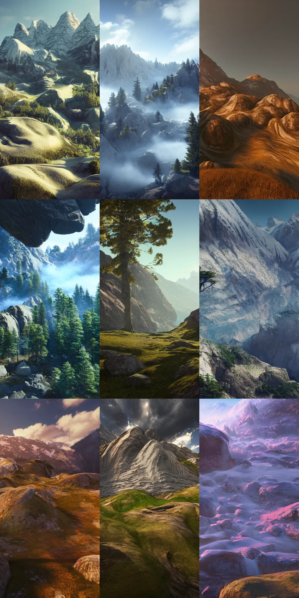 Prompt: mountain landscape, raytracing, 8k, octane render, volumetric, vivid, beautiful, hyperrealism”