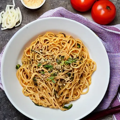 Prompt: italian pasta fighting ramen noodles for kitchen supremacy