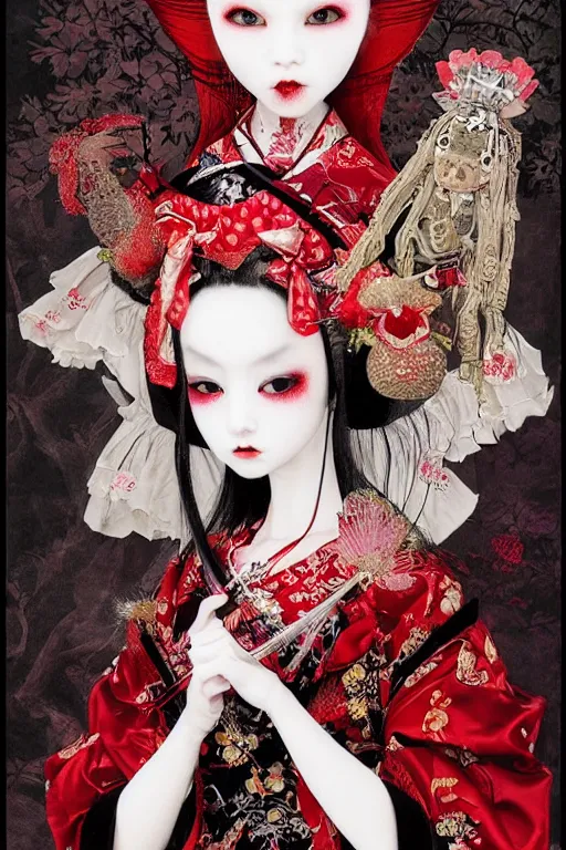 Image similar to avant - garde japanese bjd geisha vampire queen in victorian red dress in the style of dark - fantasy lolita fashion painted by yoshitaka amano, takato yamamoto, james jean, dmt art, symmetrical vogue face portrait, volumetrics, intricate detail, artstation, cgsociety, artgerm, gold skulls, rococo