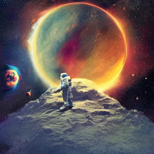 Image similar to an album cover of a man on the moon by Bill Sienkiewicz, afrofuturism, space art, cosmic horror, concept art, apocalypse art, Behance contest winner, featured on CG Society