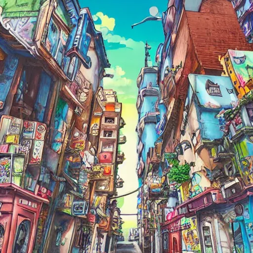 Prompt: a city filled with graffiti, studio ghibli, anime style