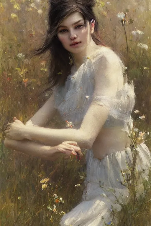Image similar to Richard Schmid and Jeremy Lipking full length portrait painting of a young beautiful fantasy fairy woman