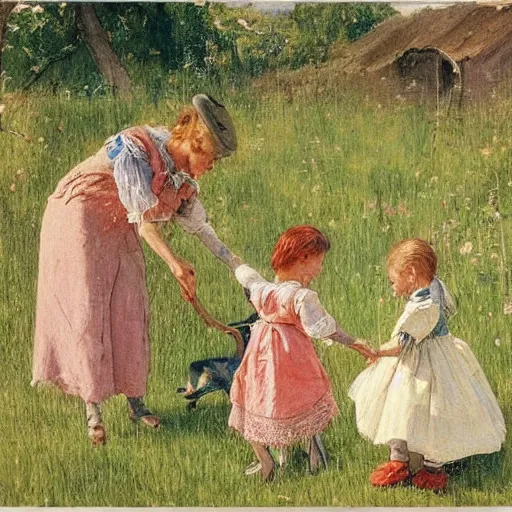 Prompt: “A painting by the Swedish artist Carl Larsson of a family having a nice day during summer on a Swedish grass field, the children are playing with a cat while the women are watching”