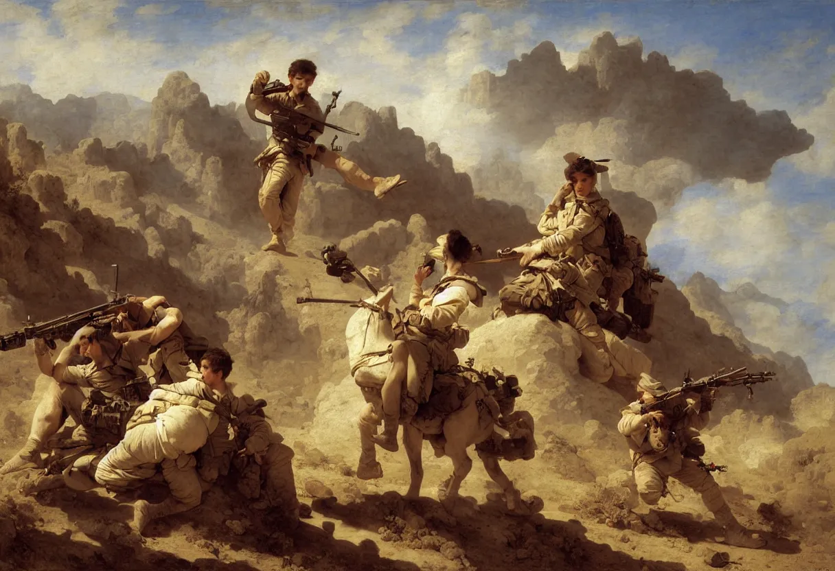 Prompt: afghanistan war portrait, majestic, drones in the sky, us navy seals, m 1 abrams tank, humvee, desert, fine art portrait painting, strong light, clair obscur, by jean honore fragonard, by peter paul rubbens, by bouguereau, by caravaggio, by diego velazquez, by rembrandt, by jacques louis david