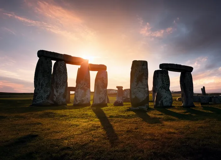 Image similar to sunrise at stonehenge, beautiful dynamic lighting, cinematic, wide angle establishing shot, extremely high detail, photo realistic, cinematic lighting, post processed, concept art, volumetric lighting, official fanart behance, hd, artstation, unreal engine 8k