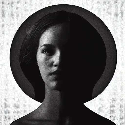 Image similar to elevated square that is frame centered with a circle matte inside, behind is a silhouette figure with a soft light barely hitting the top of her head and side of her cheek, volumetric lighting, relaxed subtle gaze into camera