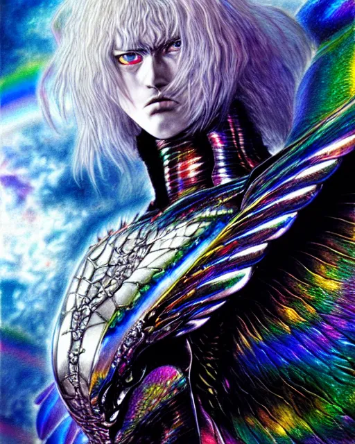 Image similar to realistic detailed image of ultra wrathful rainbow diamond iridescent mega griffith from berserk, depth perception, depth of field, action horror by ayami kojima, neo - gothic, gothic, part by adrian ghenie and gerhard richter. art by yoshitaka amano. masterpiece