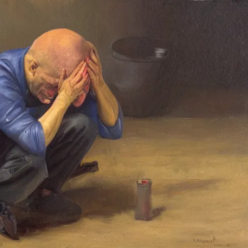 Prompt: oil painting of a crying man sitting on an oil barrel