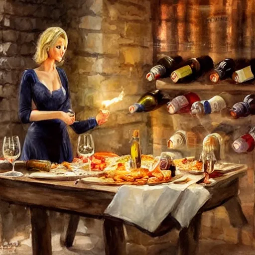 Image similar to hot blonde in a wine cellar, food, pork, beer, schnapps, rustic, traditional, torches on the wall, watercolor by vladimir volegov, highly detailed, masterpiece