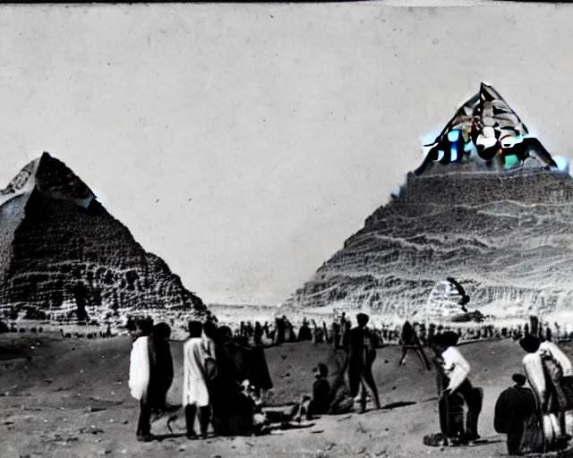 Prompt: a photo from the early 1800s of people examining a spaceship in front of the Pyramids at Giza