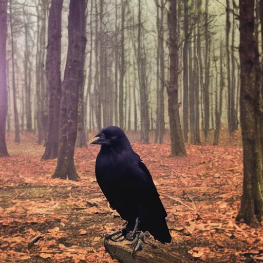 Prompt: mixture between a!! person and crow, photograph captured in a forest