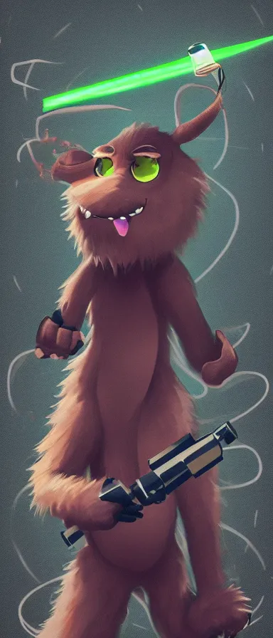 Image similar to “ furry monster character holding laser gun, floating alone, with a black dark background, digital art, award winning, trending on art station ”