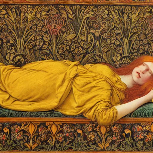 Prompt: preraphaelite photography reclining on bed, large eyes and nose and lips, big brown fringe, yellow ochre ornate medieval dress, william morris, 4 k