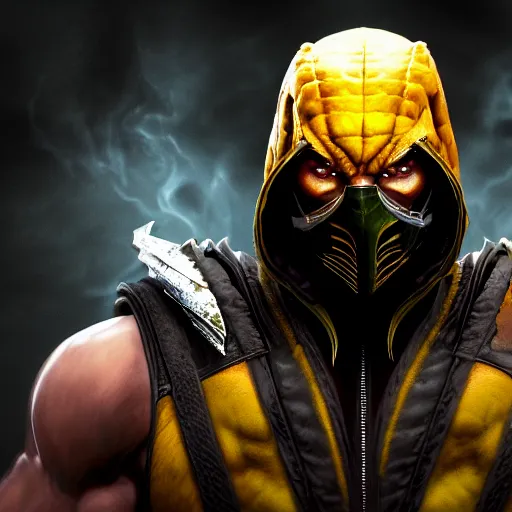 Image similar to Portrait of Scorpion from Mortal Kombat 11, anger, mystery, fear, highly detailed, ominous vibe, smoke, octane render, cgsociety, artstation, trending on ArtStation, by Travis Sergio Diaz