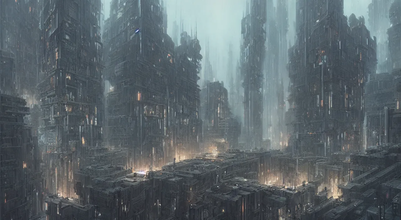 Image similar to highly detailed brutalist architecture city, star wars imperial style, while it's raining, stephen bliss, unreal engine, fantasy art by greg rutkowski, loish, rhads, ferdinand knab, makoto shinkai, ilya kuvshinov, rossdraws, global illumination, radiant light, detailed and intricate environment