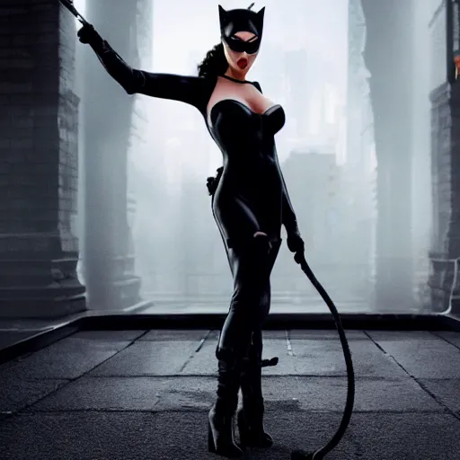 Prompt: real-life Catwoman, cinematic, Wide-Shot, atmospheric fog and lighting, directed by Tim Burton, high detail, 8K, movie still