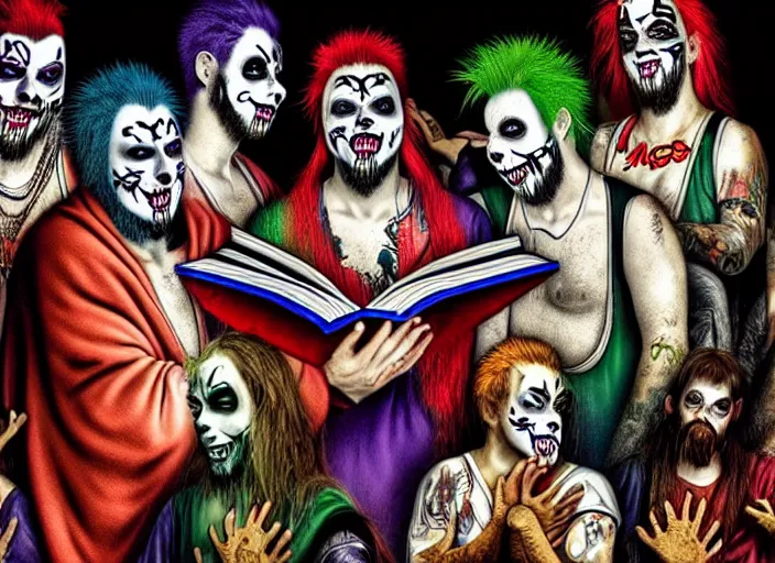 Image similar to Juggalos reading the bible, photo realistic, 8k, detailed,