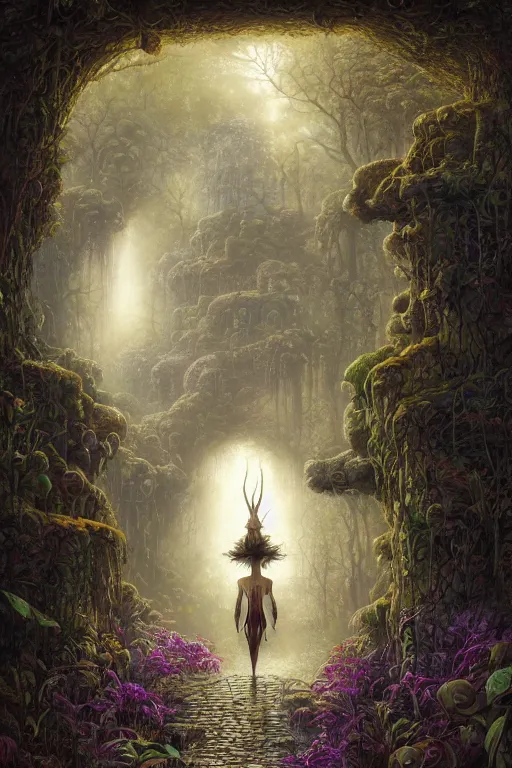 Image similar to animal faeries lady digital art painting fantasy by hubert robert and lee madgwick and roger dean and jacek yerka, dan mumford and alex grey style, soft lighting, 4 k hd wallpaper illustration character design concept joy atmospheric lighting