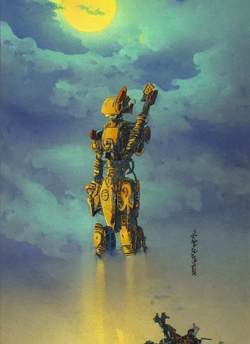 Prompt: vintage anime cinematic robot warrior with helmet emerging from moonlit tsunami wave by Ivan Aivazovsky, watercolor concept art by Syd Mead, by william herbert dunton, watercolor strokes, japanese woodblock, by Jean Giraud