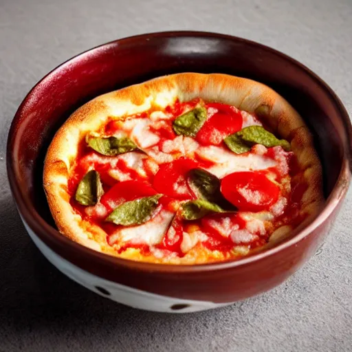 Image similar to a bowl made out of pizza, hyper realistic