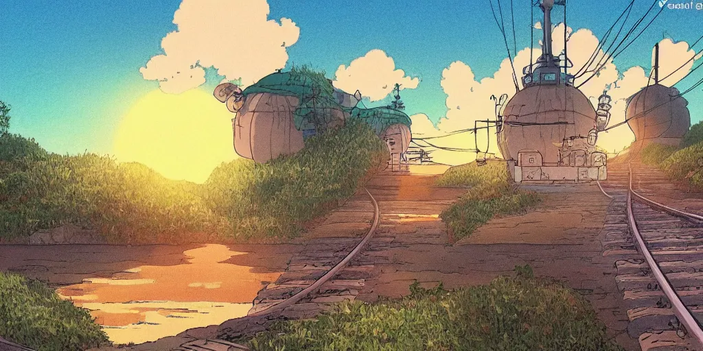 Image similar to a sunset railroad environment in the studio ghibli style, ghibli, my neighbor totoro, spirited away, castle in the sky