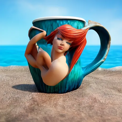 Prompt: an amazing ceramic realistic arial mermaid sculpture mug, creative, beautiful, award winning design, functional, colorful, 8 k, unreal engine, octane render