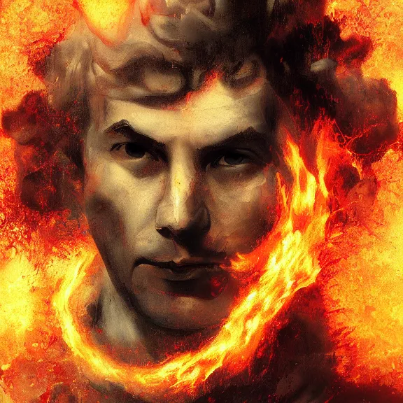 Prompt: portrait. abstract matte painting of a man on fire. Francisco Goya, ArtStation