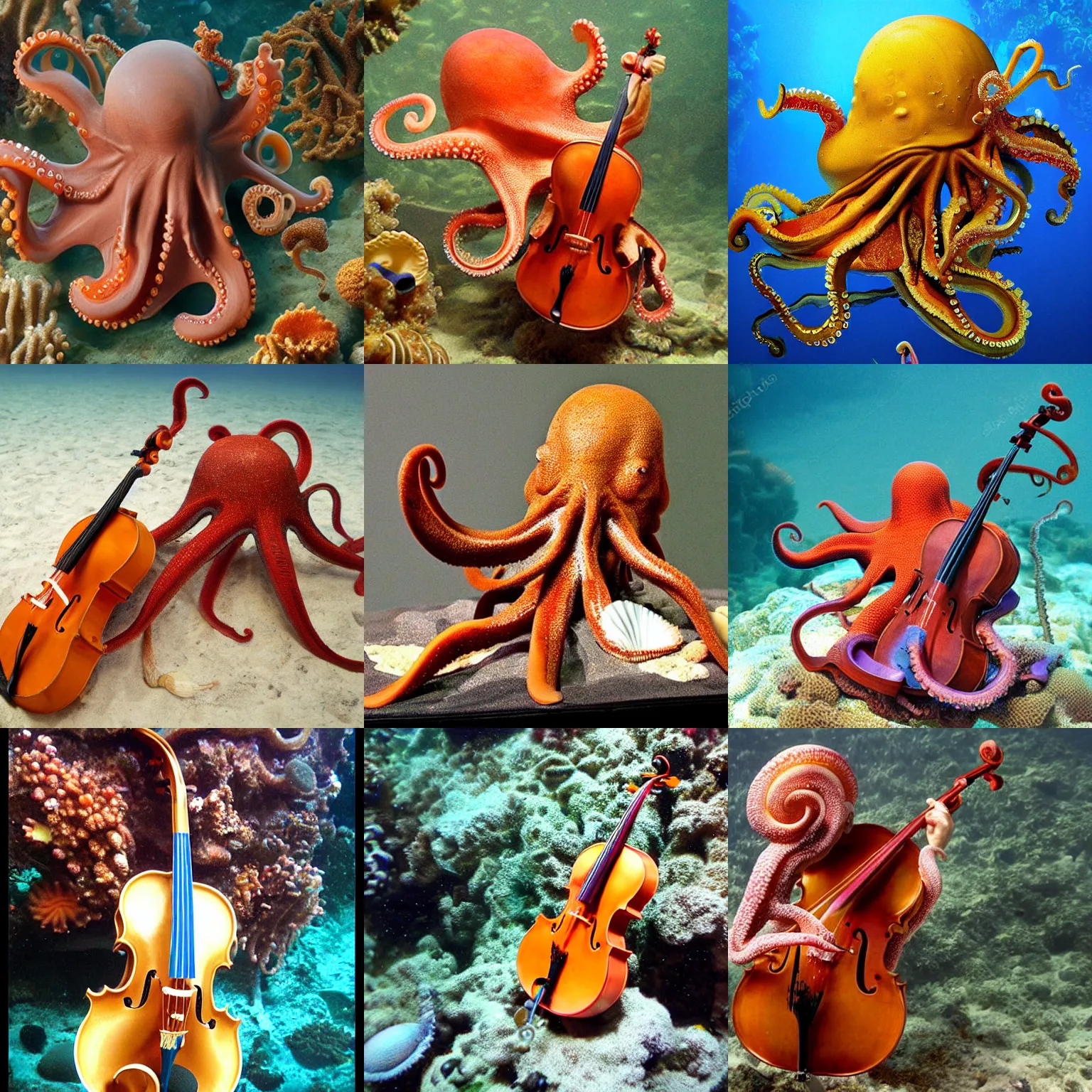 Prompt: an octopus playing a cello. the cello is made out of corals and seashells