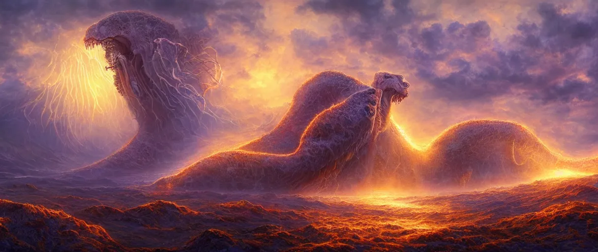 Image similar to A terrifying giant monster made of honey, beautiful atmosphere, god rays, masterpiece digital painting by Alex Grey, Greg Rutkowski, 4k wallpaper