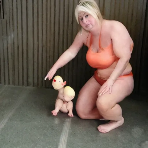 Image similar to inmate body and cute baby chick face