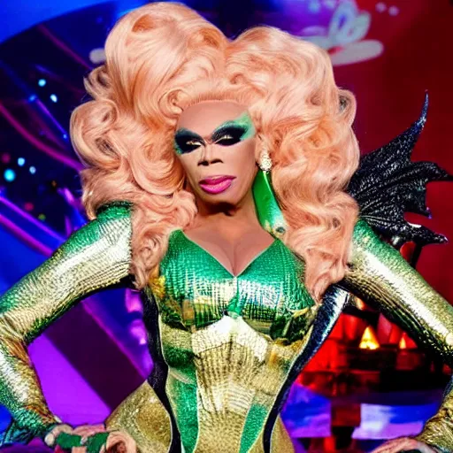 Image similar to rupaul's dragon race, television still, fantasy reality show, dragons, drag queens