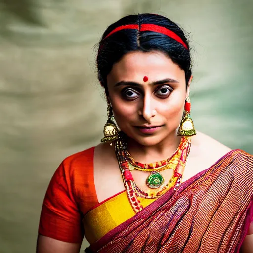 Prompt: Portrait of young rani mukherjee wearing assamese bihu mekhela sleeveless silk saree, XF IQ4, 150MP, 50mm, F1.4, ISO 1000, 1/250s, model photography by Steve McCurry in the style of Annie Leibovitz, face by Artgerm, daz studio genesis iray female, anatomically correct proportions, natural skin tone 4k textures, soft cinematic light, Adobe Lightroom, photolab, HDR, background: assam tea garden, intricate, elegant, highly detailed,sharp focus