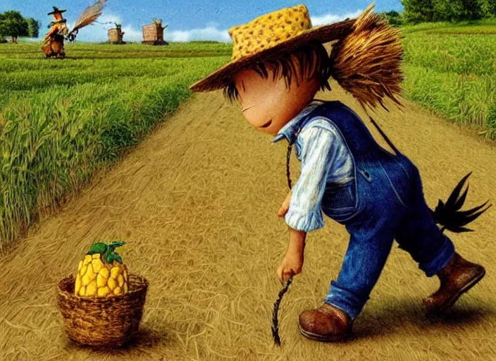 Image similar to a cute short scarecrow with a straw hat in overalls walking on a dirt road next to a large corn field, children's book by tom lovell, ross tran, terry redlin, jean baptiste monge, beatrix potter