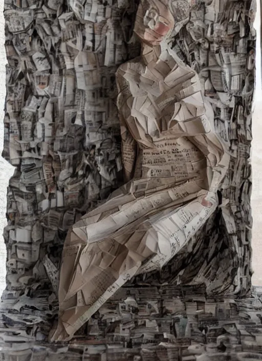Image similar to a portrait of a beautiful young woman paper mache wrapped and made of newspaper, sitting relax and happy, marble stairs on the the backgroundhyper realistic, 8 k,