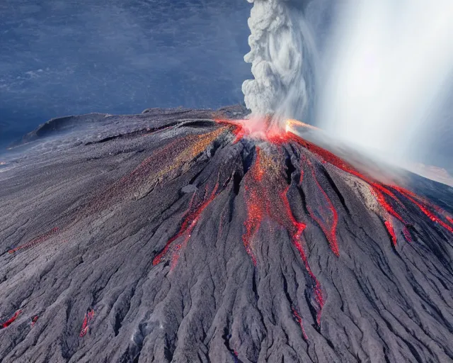 Prompt: 4 k hd, high resolution photograph of volcano eruption, full colour, shot with sigma f / 4. 2, 2 5 0 mm sharp lens, wide shot, high level texture render