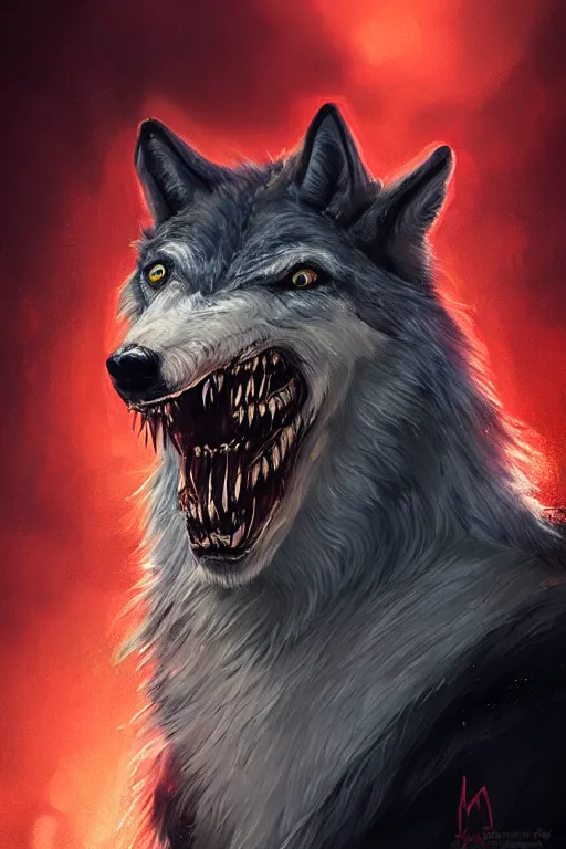 Image similar to a fancy portrait of a zombiefid wolf with crystal teeth by Greg Rutkowski, Sung Choi, Mitchell Mohrhauser, Maciej Kuciara, Johnson Ting, Maxim Verehin, Peter Konig, final fantasy , mythical, 8k photorealistic, cinematic lighting, HD, high details, atmospheric,