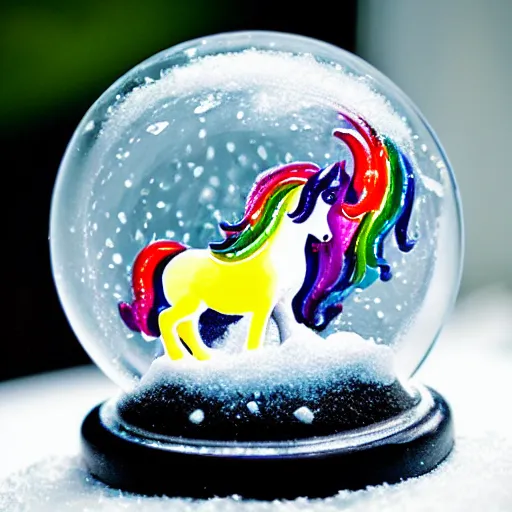 Prompt: colorful glass unicorn inside a snow globe