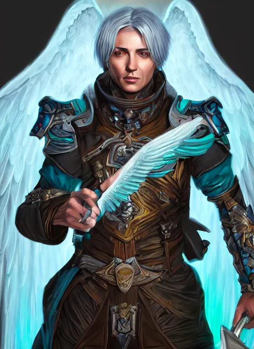 Image similar to An epic fantastic realism comic book style portrait painting of a male hexblade warlock aasimar, beautiful angel wings, teal energy surrounding body, silver hair, middle aged, Apex Legends Concept Art, unreal 5, DAZ, hyperrealistic, octane render, cosplay, RPG portrait, dynamic lighting