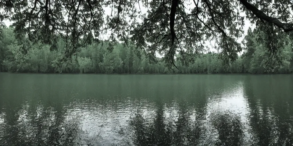 Image similar to centered photograph of a long rope snaking across the surface of the water, stretching out towards the center of the lake, a dark lake on a cloudy day, mood, trees in the background, anamorphic lens