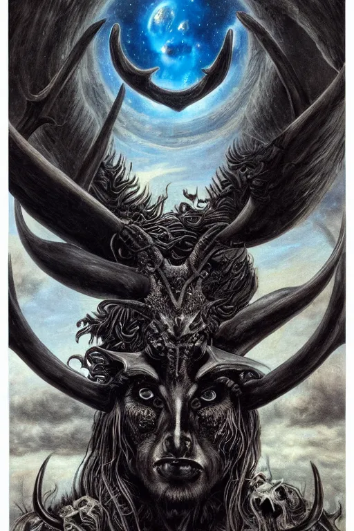 Image similar to sideview waist up portrait of baphomet plane with big antler made with porcelain by jeff easley and peter elson, beautiful eyes and face, symmetry face, galaxy, gothic, surreal, dread, highly detailed, intricate complexity, epic composition, magical atmosphere, masterpiece, award winning, trending on artstation