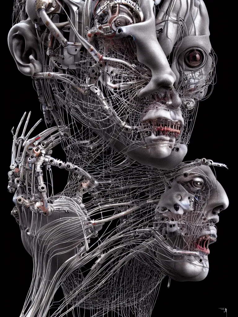 Prompt: portrait of neural nightmares by yoshitaka amano and HR Giger, detailed face face face face, facial structure, hd, 8k, very very very very electronic, biomechanical, biology, bio, neural machine, single subject, terror