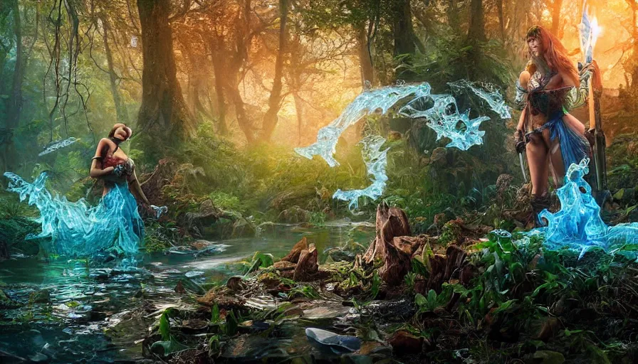 Image similar to high definition photograph fantasy scene art, hyper realistic, hyperrealism, iridescence water, woody foliage, 8 k dop dof hdr female fantasy character art, by aleski briclot and alexander'hollllow'fedosav and laura zalenga