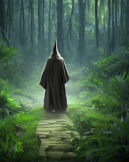 Image similar to a wise wizard walking towards an ominous swamp in a densely overgrown, eerie jungle, fantasy, stopped in time, dreamlike light incidence, ultra realistic