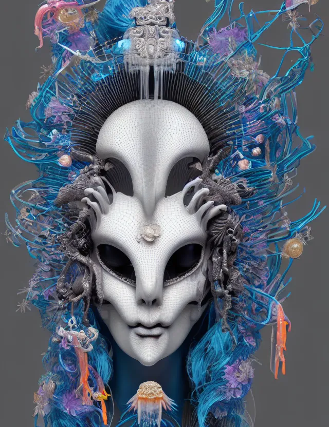 Image similar to 3 d goddess close - up 3 / 4 portrait with ram skull. beautiful intricately detailed japanese crow kitsune mask and clasical japanese kimono. betta fish, jellyfish phoenix, bio luminescent, plasma, ice, water, wind, creature, artwork by tooth wu and wlop and beeple and greg rutkowski