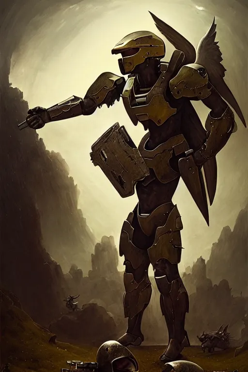 Image similar to hieronymus bosch, greg rutkowski, anna podedworna, painting of halo spartan armor laughing at a laptop