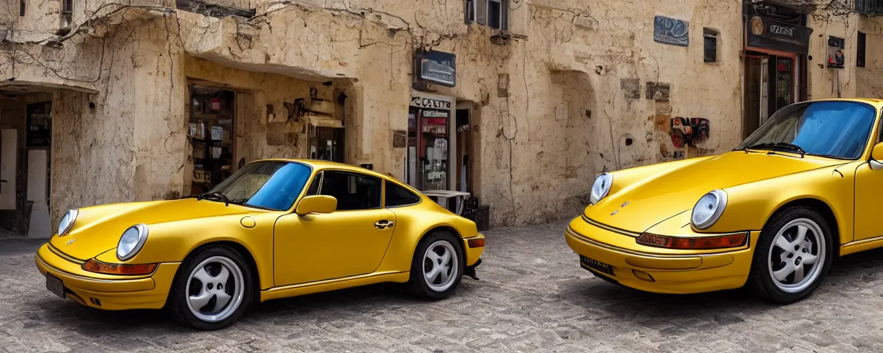 Image similar to Photo of a copper yellow Porsche 911 Carrera 3.2 parked in front of a cafe in Cyprus, daylight, dramatic lighting, award winning, highly detailed